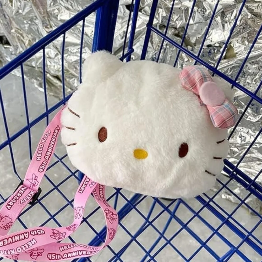 Pink white Hello Kitty over the shoulder plush purse bag with zipper and strap